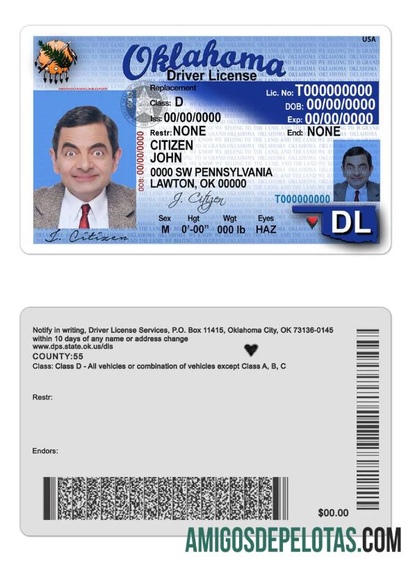 Carteira de habilitação dos EUA em Oklahoma exemplo